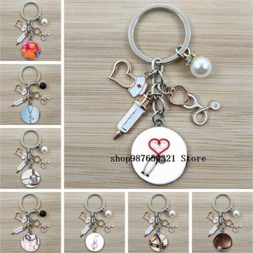 New stethoscope hospital nurse pink icon key ring glass cabochon pendant key chain nurse medical student gift key chain souvenir
