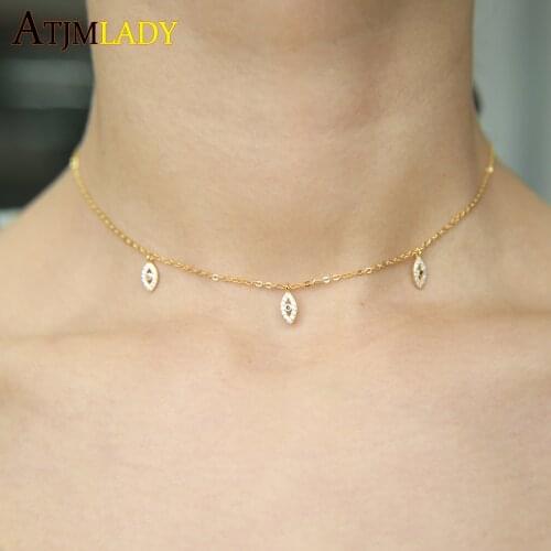 100% real 925 SterlinG Silver choker necklace 3pc turkiSh evil eye charm pendant black clear drop cz lady women delicate jewelry