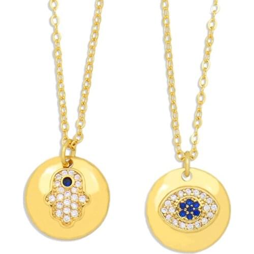 CZ Zircon Blue Evil Eye Necklace for Women Turkish Lucky Jewelry Zirconia Gold Round Fatima Hand Necklace Adjustable Chain