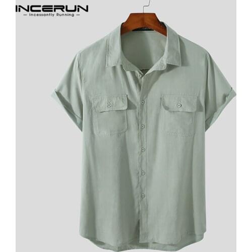 INCERUN Summer Men Shirt Harajuku Turn Down Collar Short Sleeve Casual Men Clothing 2021 Solid Color Pockets Streetwear Camisas