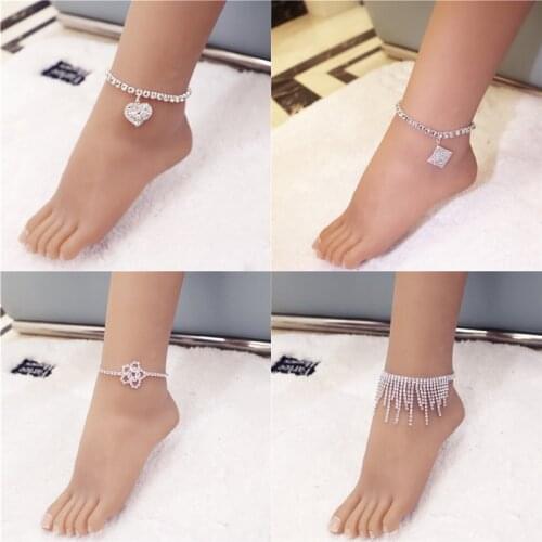Rhinestone Heart Ankle Bracelet Women Decoration on the Leg Sandals Tassel Foot Chain Crystal Heart to Heart Anklets Jewelry