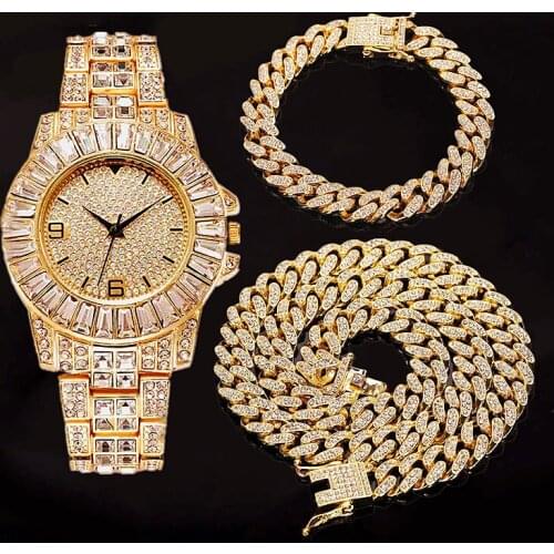Hip Hop Rapper Iced Out Watch for Men Iced Out Paved Rhinestones Miami Curb Cuban Chain CZ Bling Necklaces for Mens Jewelry Sets