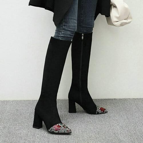 Faux Suede Women Knee High Boots Fashion Pointed Toe Women Boots Square High Heel Size Zipper Ladies Winter Boots Black