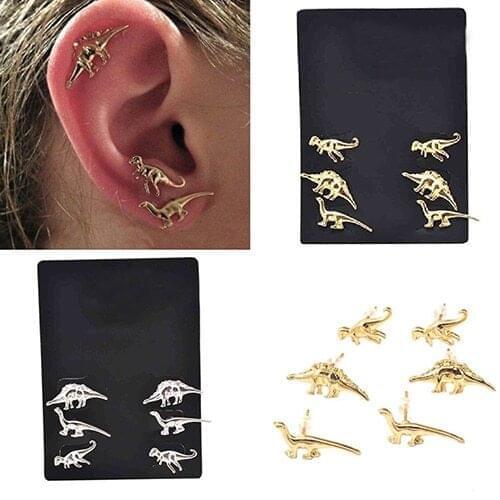 New Arrival 3Pairs Womens Vintage Punk Animal Dinosaur Shape Ear Piercing Studs Earrings