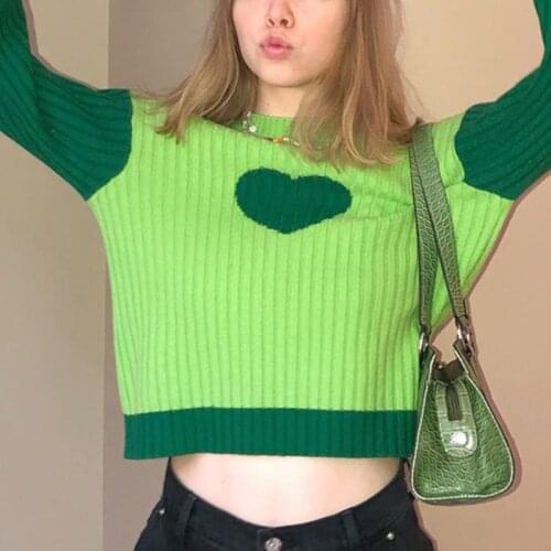 Heart Knitted Sweater Long Sleeve Casual O Neck Y2k Color Block Crop Pullover Autumn 2021 Print Elegant Bodycon Women Sweater