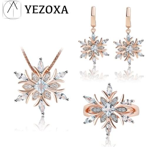 YEZOXA 925 Sterling Silver Jewelry Sets For Women Sky Blue Topaz Gemstone Snowflake Wedding Gifts Fine Jewelry Rose Gold Plating