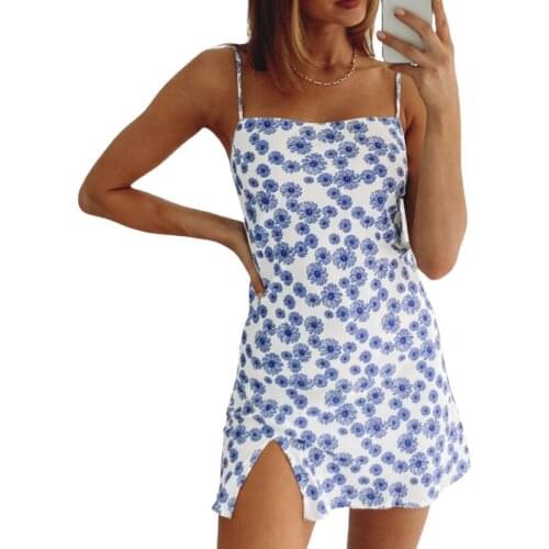 Women’s Summer Casual Suspender Split Dress Fashion Floral Backless Slim Boat Neck A-line Short Dress