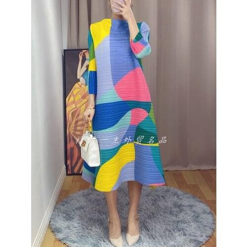 Miyake Pleated 2021 summer autumn plus size loose dress Geometric color Turtleneck A-line dress indie aesthetic clothes