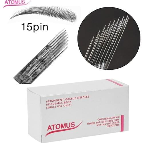 100pcs Double 15pin Micro Needles Agujas Microblade Microshading Naald Tebore Lamina Eyebrow Curved Embroidery Blades Manual Pen