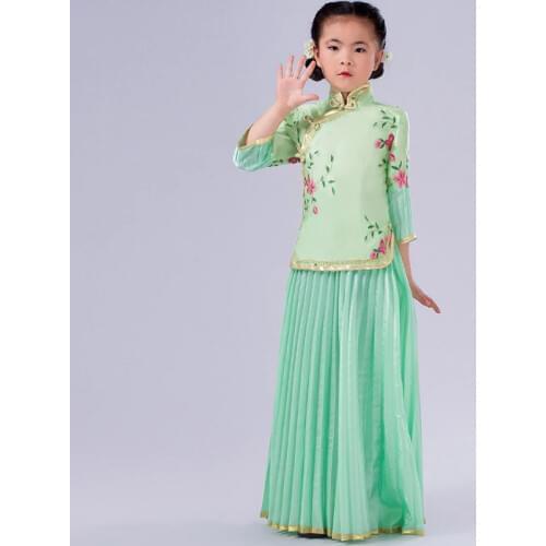 2 pcs High Quality Child Dance Costumes Girl Chinese Ancient Costume Kids Chinese Costume Chinese Folk Dress Blouse + Skirt