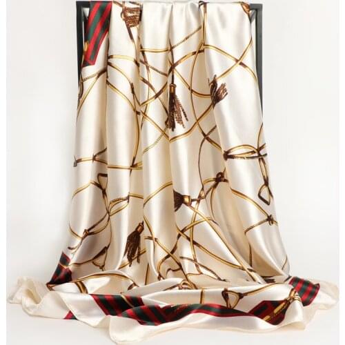 2021 Summer Sunscreen Fine Print Silk Scarf Female High-Grade Satin Shawl Popular Beach Kerchief Fashion 90X90CM Square Bandana