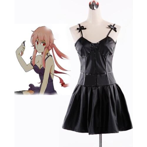 Free shipping Future Diary Mirai Nikki Gasai Yuno Cosplay Costume Anime Black faux Leather Dress
