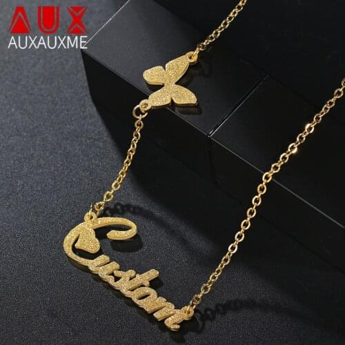 Auxauxme Shining Butterfly Name Necklace Matte Stainless Steel Heart Font Women Gold Pendant Necklaces Personlized Jewelry
