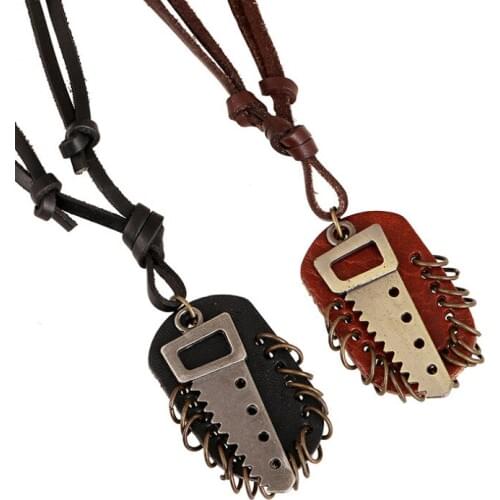 Gothic Punk Men Long Necklace Vintage Alloy Saw Pendant Retro Brown Genuine Leather Chain Adjustable Charms Fashion Jewelry Gift