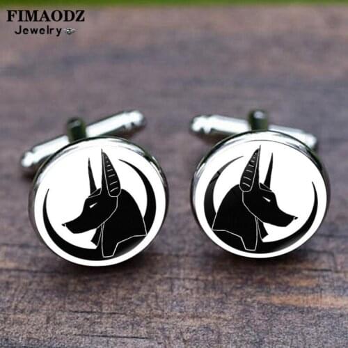 FIMAODZ Egypt Anubis God Cufflinks Punk Wolf Head Photo Egyptian Symbol Glass Round Cuff Links for Male Jewelry
