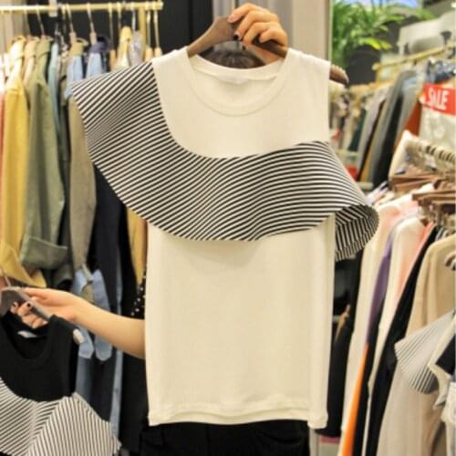 Summer Womens Ruffled Shoulders Irregular Round Neck T-shirt Korean Fashion Slim Off-the-shoulder Stitching Wild T-shirt
