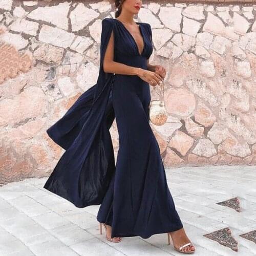 Sexy V Neck Jumpsuit Wide Blue Leg Batwing Sleeve Women Elegant Slim Backless Long Pants Rompers High Street Female Jumpsuits