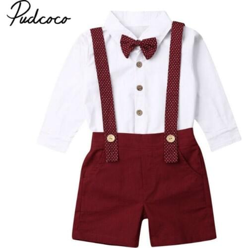 3PCS Newborn Toddler Baby Boy Gentleman Outfit Long Sleeve Dress Shirt+ Suspender Overalls Playsuit +Bow Tie Cotton Clothes Sets