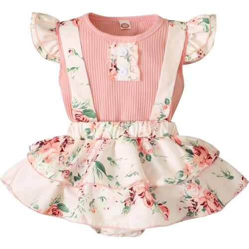 FOCUSNORM 0-18M Summer Baby Girls Clothes Sets 2pcs Ruffles Fly Sleeve T Shirts Flower Suspender Shorts