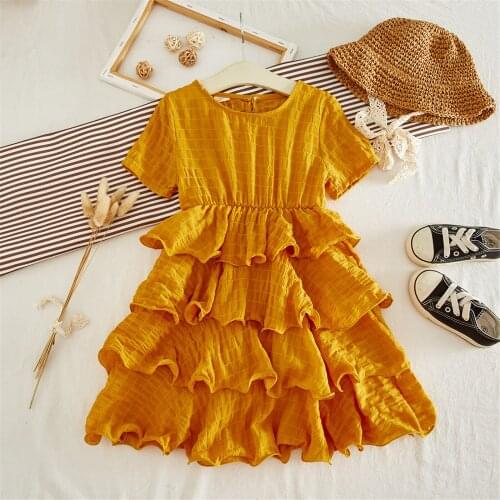 Summer Holiday Kids Girls Dress Ruffles Solid Short Sleeve Knee Length Layered Dress 3-8Y