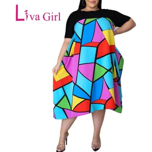 LIVA GIRL Woman Plus Size Casual Printing Midi Dress Summer Short Sleeve 0-Neck Dress Female Oversize Loose Dress Vestidos 5XL