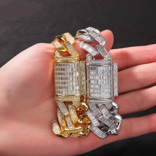 Hip Hop Jewelry Bracelet Fashion 20MM Baguette Prong Cuban Link Necklace CZ Iced Chain Luxury Bling White Gold Chain for Gift