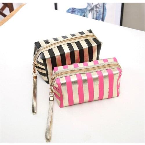 New Phnom Penh Stripe Cosmetic Bag PU Leather Laser Anise Storage Bag Lady Clutch Bag Portable Toiletry Bag