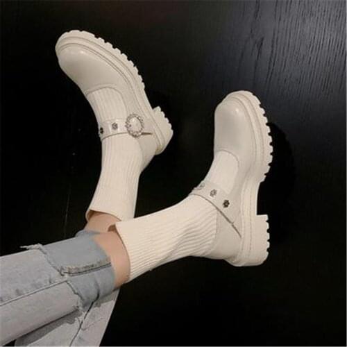 2021 Autumn Knit Elastic Cloth Patchwork Sock Ankle Boots Women Fashion Leather Crystal Buckle Short Boots Female Low Heel Shoes