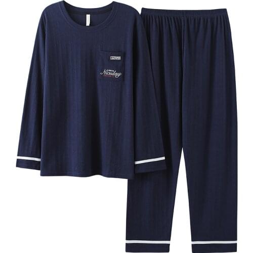 Mens Pajamas Set Autumn Winter Leisure Elastic Waist Men Sleepwear Cotton Mens Long Sleeve Nightwear Top Long Pant Homewear