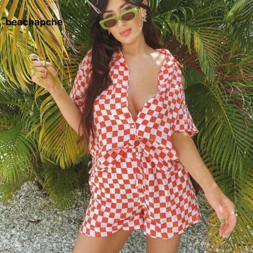 Beachapche Casual Women Lounge Wear Summer Plaid Tracksuit Shorts Set Short Sleeve Shirt Tops And Mini Shorts Suit Two Piece Set