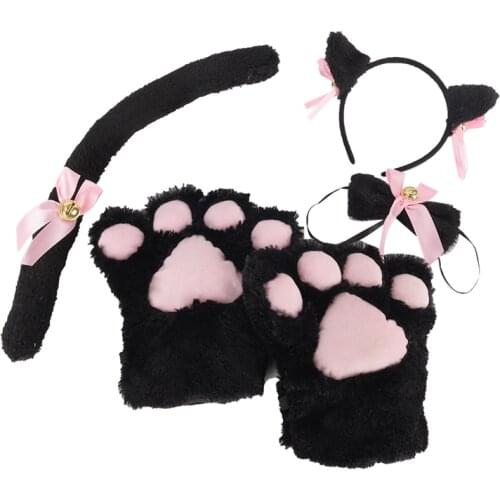 Cat Girls Plush Ear Bell Headband Tie Tail Paws Maid Fancy Dress Set Party Cosplay Cat Ear Fur Hair Clip Women Lady Hairbands