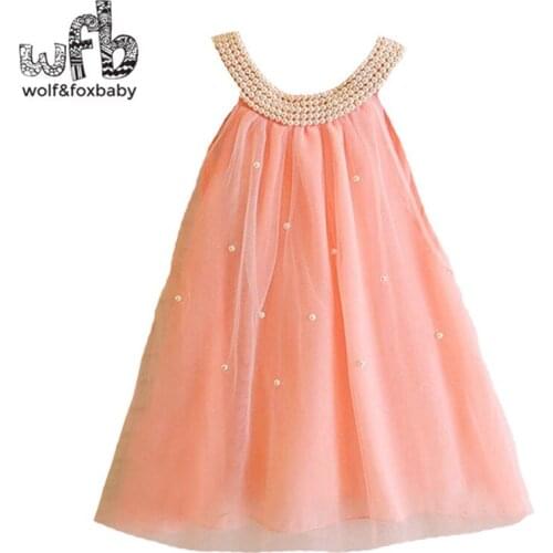 Retail 2-7 years dress sleeveless chiffon solid color princess dress pearl strand kids children spring summer autumn fall