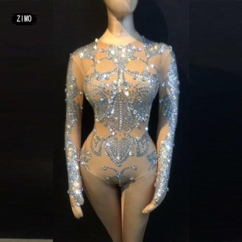 Fashion Sexy Rhinestone Tights Women Bar Nightclub Showgirl Performance Clothes Dance Pole Dance Elastic Bodysuit Stage Costume
