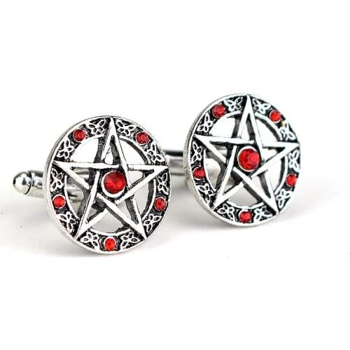 Supernatural Pentagram Cufflinks Antique Red Black Crystal Star Cuff Links for Men and Women Fashion Brand Cuff Buttons