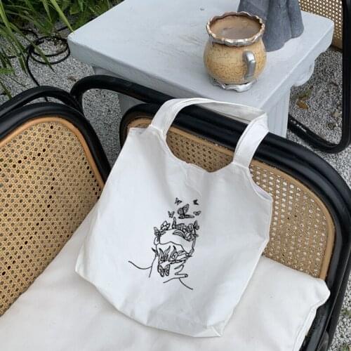 Vintage New Cartoon Painting Butterfly Shoulder Bag Women Chic Korean Sweet Ulzzang Harajuku Large Capacity Tote Bag Canvas Ins