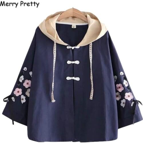 Merry Pretty Womens Floral Embroidery Basic Jackets 2020 Winter Lace Up Sleeve Hooded Patchwork Cotton Coats Casual Outerwear
