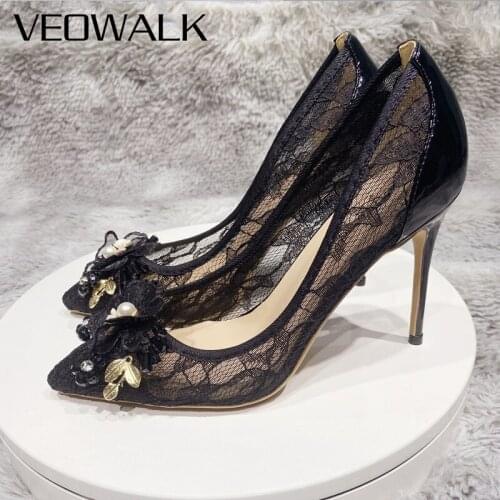 Veowalk Patchwork Gauze Lace Bow Women Pointed Toe Stiletto Pumps Elegant Ladies Summer High Heel Party Shoes Black Pink 44 45