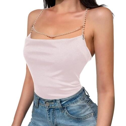 Women Camis Sexy Pearl Chain Solid Color Sleeveless Backless Bodycon Slim Cropped Camisole Summer Fashion Casual Tops Hot Sale