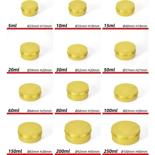 50pcS/lot 10ML-250ml golden Aluminium jars Multi-specification gold aluminum box bright gold Aluminium cans with round thread