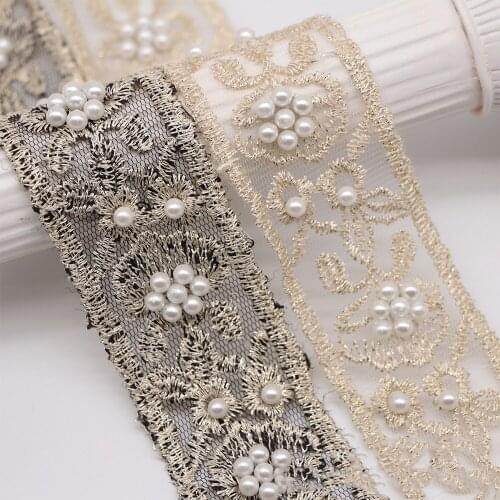 2 yards organa pearl beaded lace trims for wedding dress Embroidery stirip lace trimmings for clothes Ribbons and trims fabric