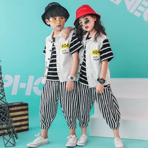 2020 New Kids Hip Hop Clothing Stripe Suit Dance Costume Top Pants for Girls Boys Jazz Hiphop Ballroom Stage Outfit Streetwear