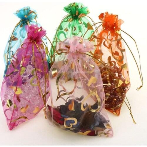 50Pcs 11 * 16cm Heart Bronzing Organza Jewelry Packing Drawable Organza Bags Drawable Wedding Gift Bags & Pouches 5ZSH325
