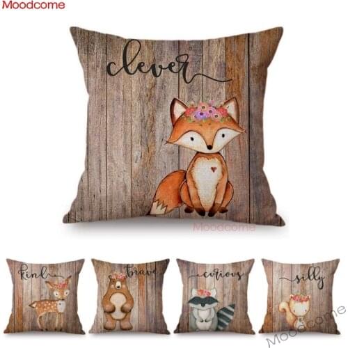 Cute Woodland Animals Wood Texture Baby Nursery Art Sofa Throw Pillow Case Cotton Linen Children Roon Decoration Cushion Cover