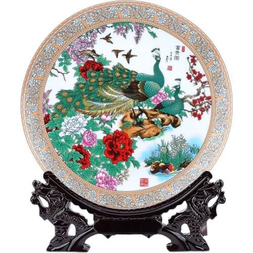 Jingdezhen ceramics peacock peony flower decoration plate hanging plate Home Furnishing modern fashion decoration crafts