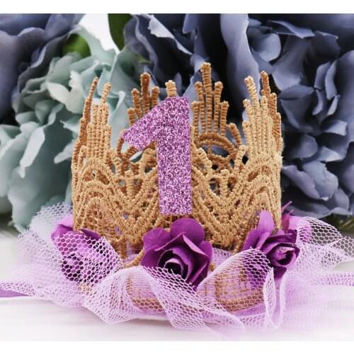 Colorful Newborn Baby First Birthday Crown Headband Flower Lace Gold Tiara Headbands Infant Toddler Party Hair Band Accessories