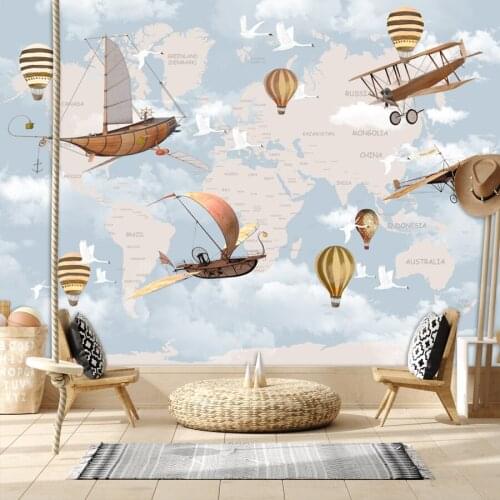 Custom Cartoon Cute World Map Plane Wallpapers for Living Room Murals Walls Paper In Rolls Vinyl Stickers Self Adhesive Decors