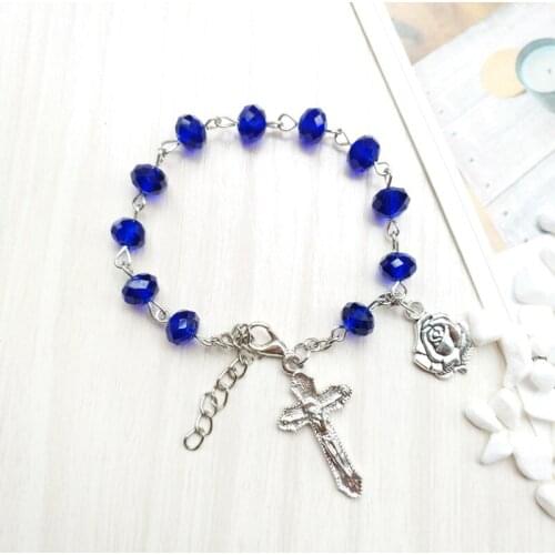 Catholic Jewelry CZ Crystal Cross Bracelet with Christian Mother of God Rose Flower Bracelet for Women Party Anniversary Gift