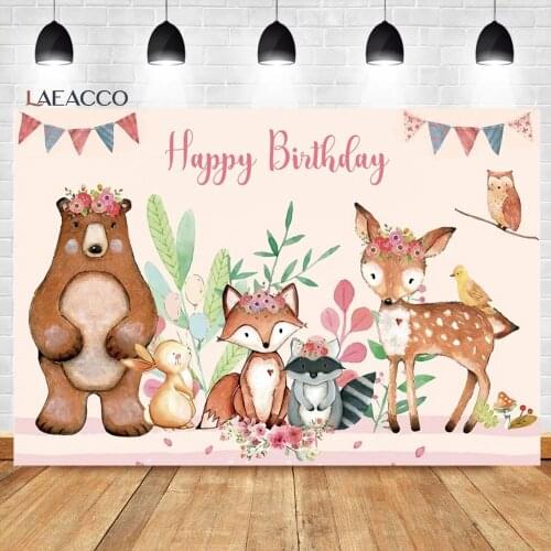 Laeacco Woodland Animals theme birthday background Jungle Forest Safari Wild One Baby Portrait Customized Photography Backdrop
