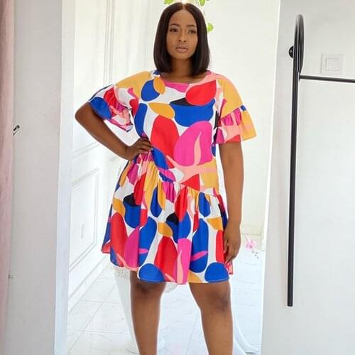 Geometric Pattern Draped A-line Mini Dress Women Round Neck Short Sleeve Loose Dresses Sweet Girls Naturel Waist Party Vestido