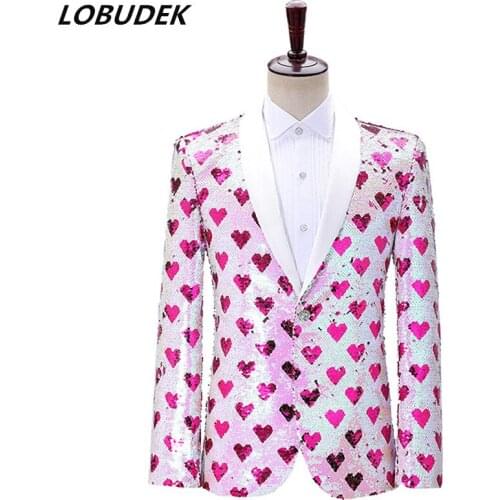 Mens Wedding Groom Suit Jackets Pink Heart Pattern Shinny Sequins Blazer Bar Evening Party Host Singer Stage Formal Slim Coat